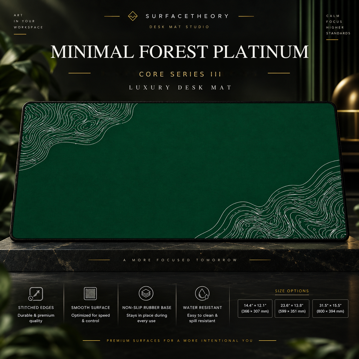 Minimal Forest Platinum desk mat on a studio display with size and product information.