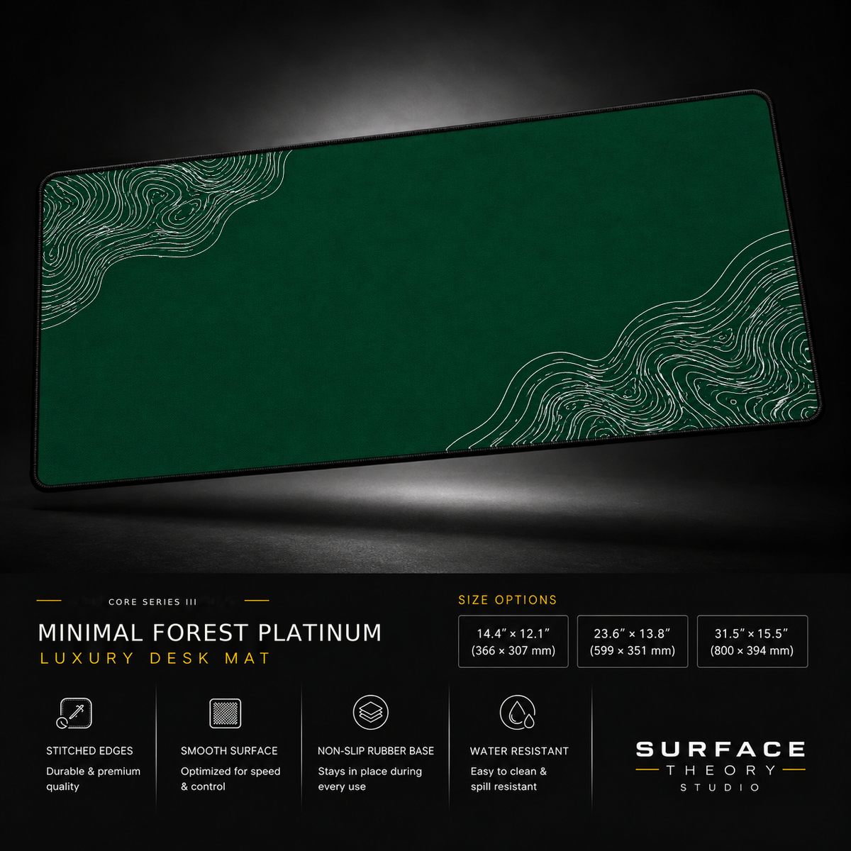 Minimal Forest Platinum desk mat floating against a dark studio background.
