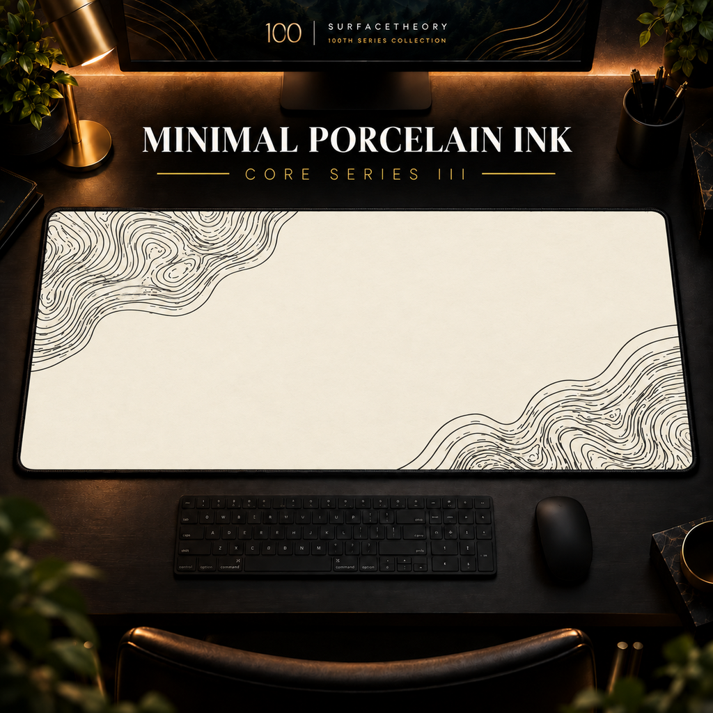 Minimal Porcelain Ink desk mat with fine contours in opposing corners in a warm, dark workspace.