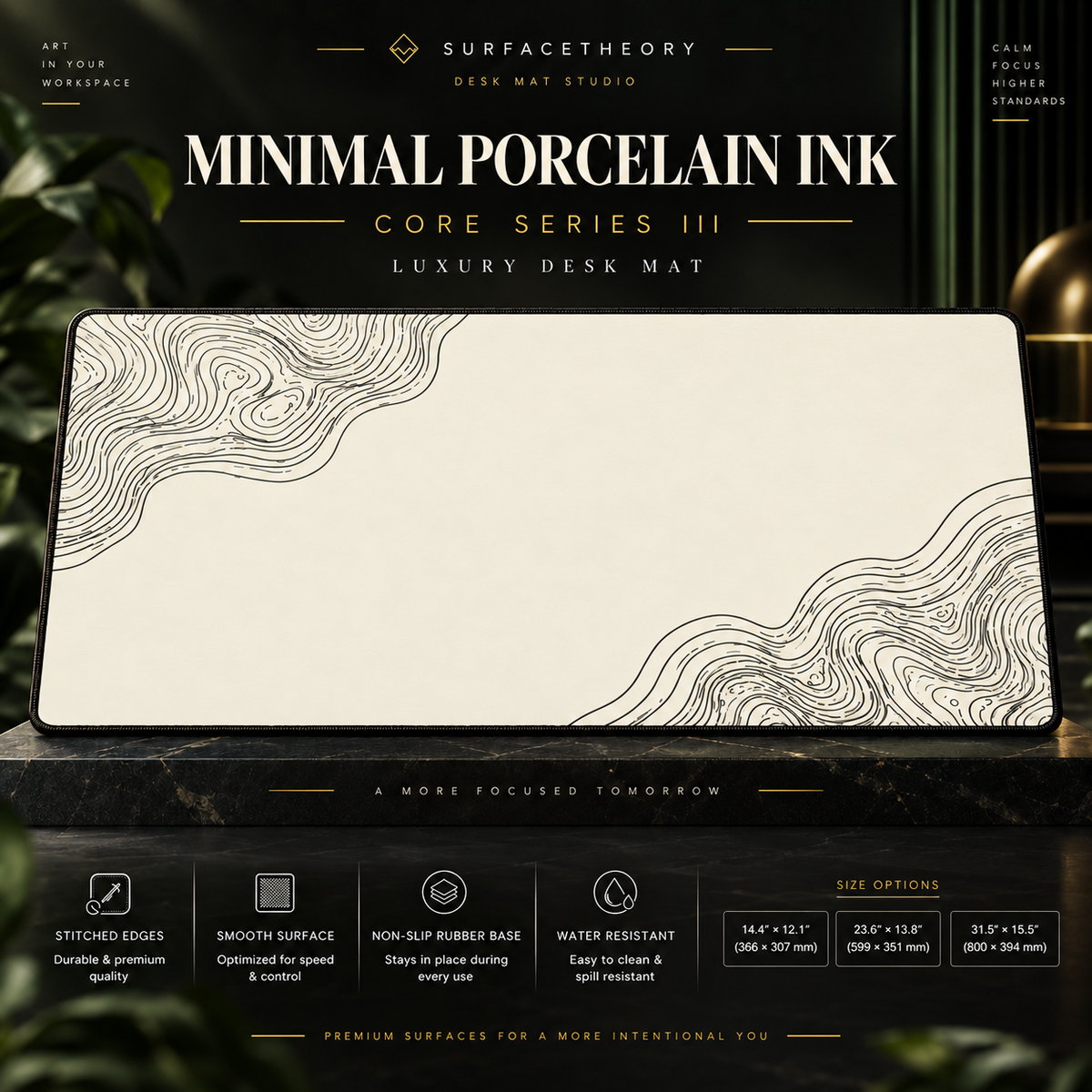 Minimal Porcelain Ink desk mat on a studio display with size and product information.