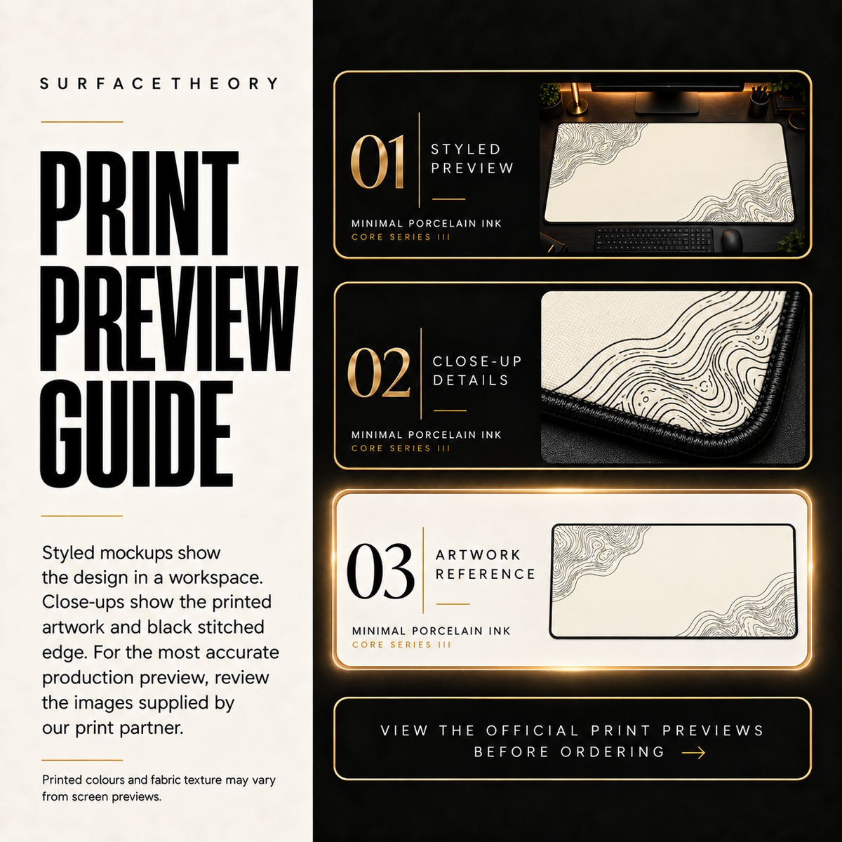 Minimal Porcelain Ink print preview guide comparing styled presentation, close-up and print reference.