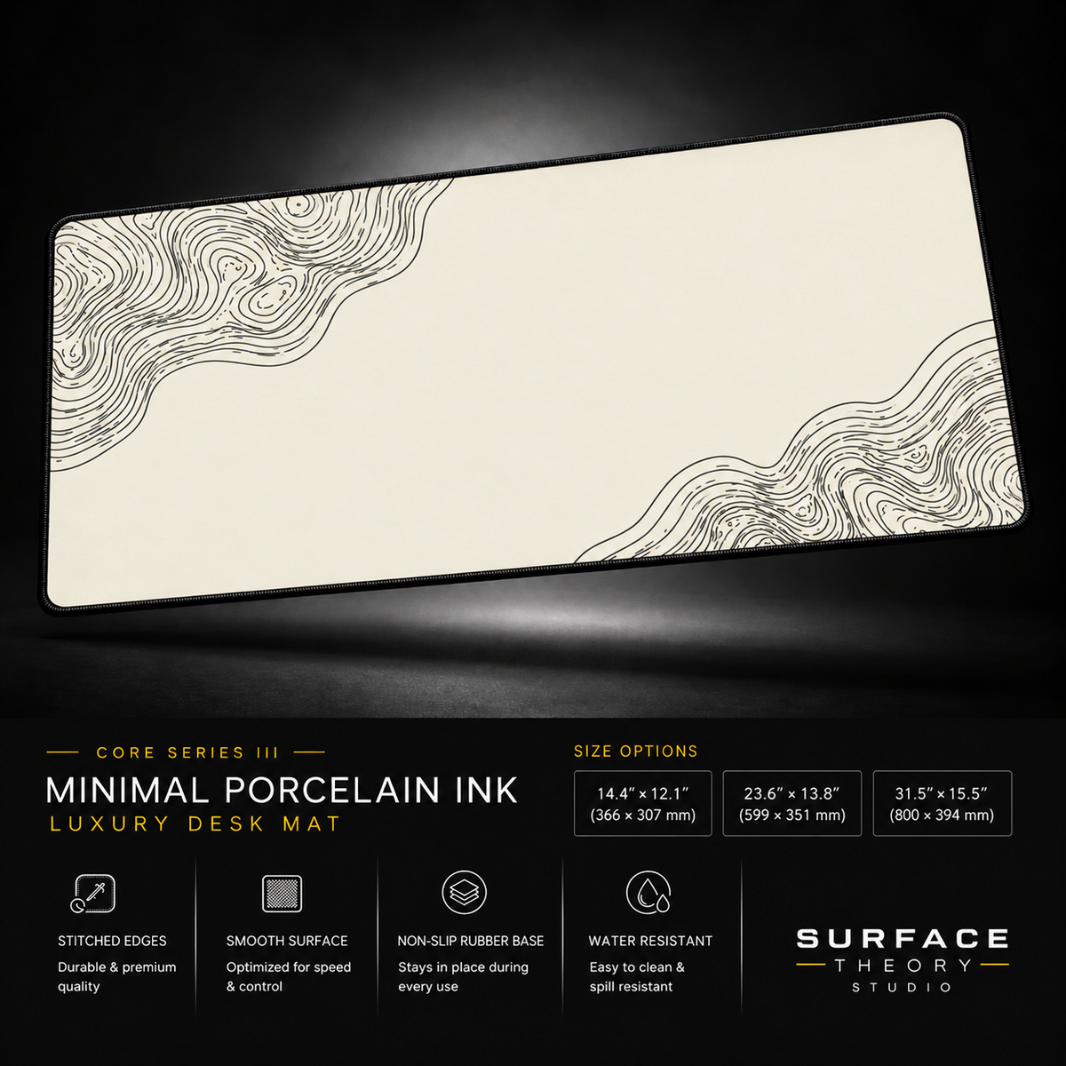 Minimal Porcelain Ink desk mat floating against a dark studio background.