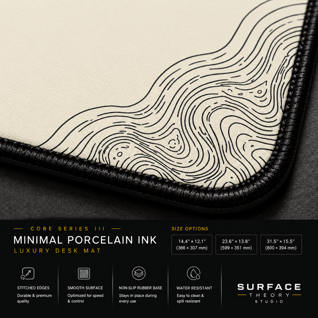 Close-up of Minimal Porcelain Ink printed artwork and black stitched corner.