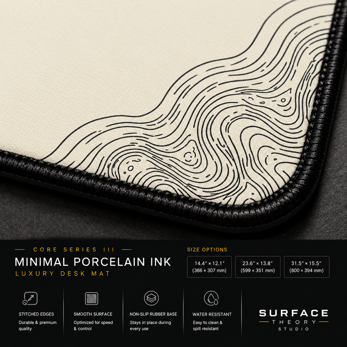Close-up of Minimal Porcelain Ink printed artwork and black stitched corner.