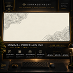 Minimal Porcelain Ink desk mat in a gold-toned showcase frame above a keyboard.