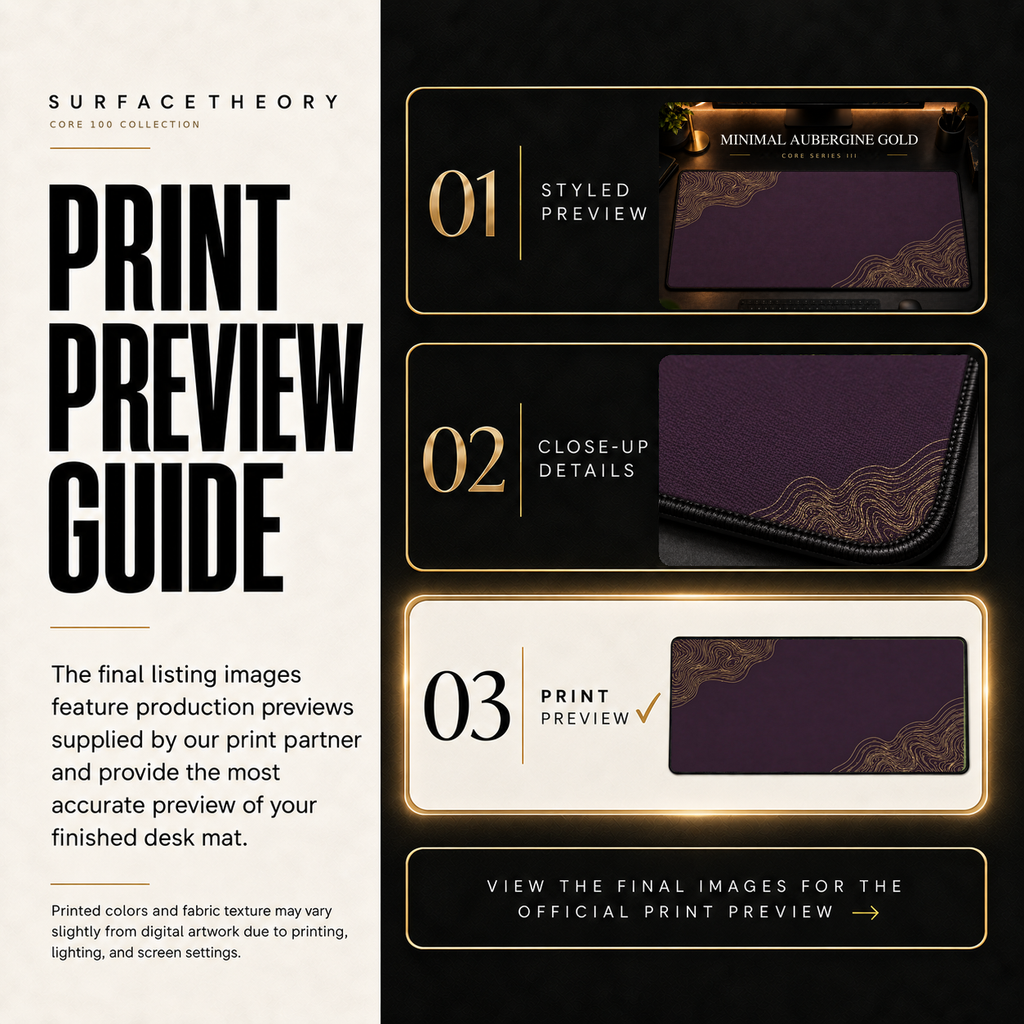 Minimal Aubergine Gold print preview guide comparing styled presentation, close-up and print reference.