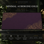 Minimal Aubergine Gold desk mat on a studio display with size and product information.