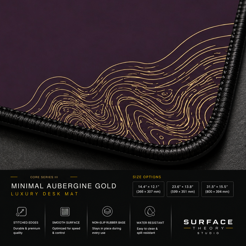 Close-up of Minimal Aubergine Gold printed artwork and black stitched corner.