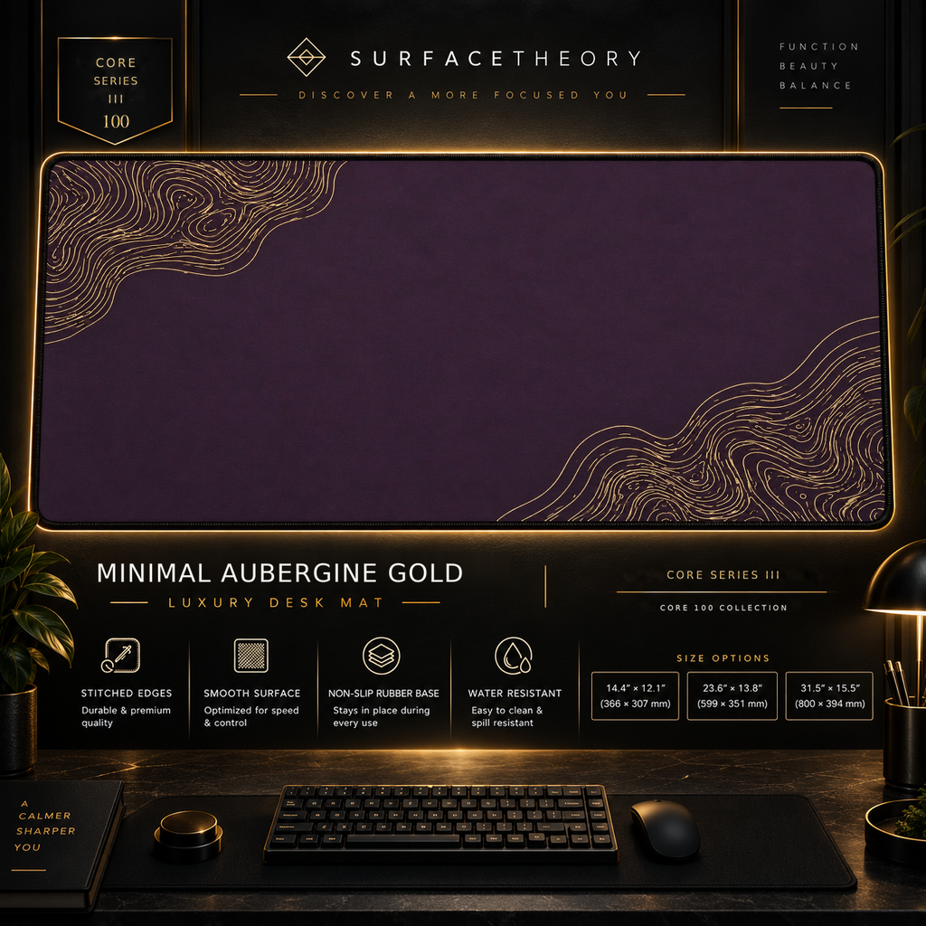 Minimal Aubergine Gold desk mat in a gold-toned showcase frame above a keyboard.
