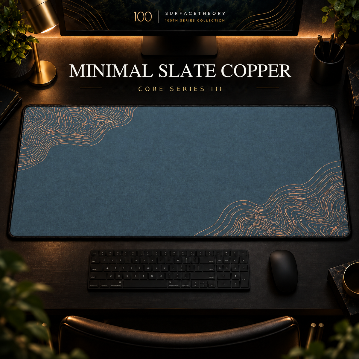 Minimal Slate Copper desk mat with fine contours in opposing corners in a warm, dark workspace.
