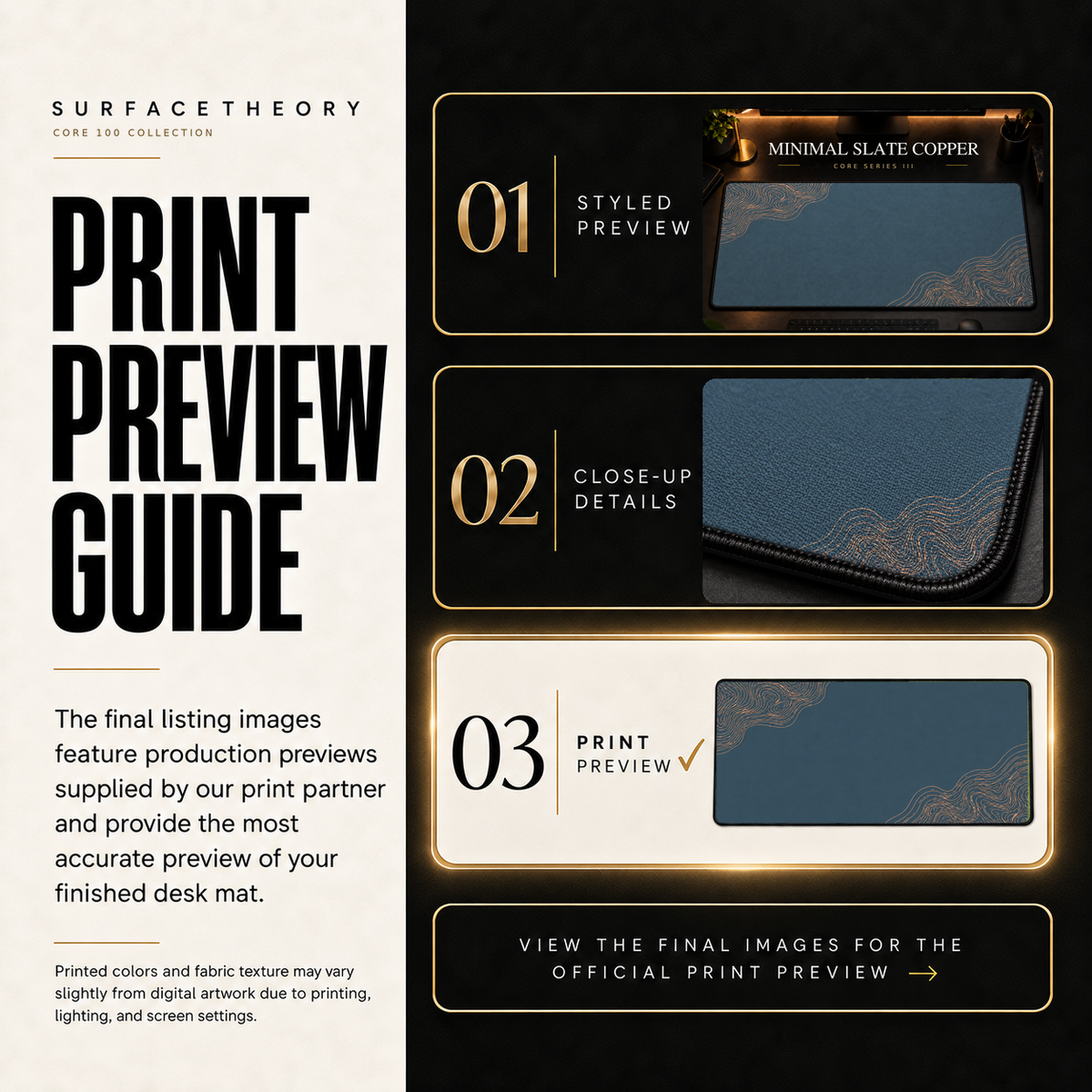 Minimal Slate Copper print preview guide comparing styled presentation, close-up and print reference.