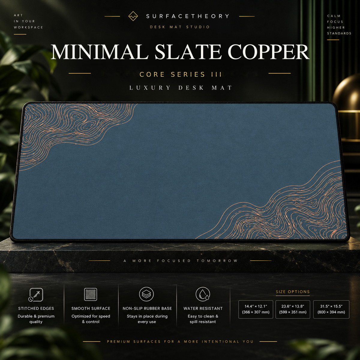 Minimal Slate Copper desk mat on a studio display with size and product information.