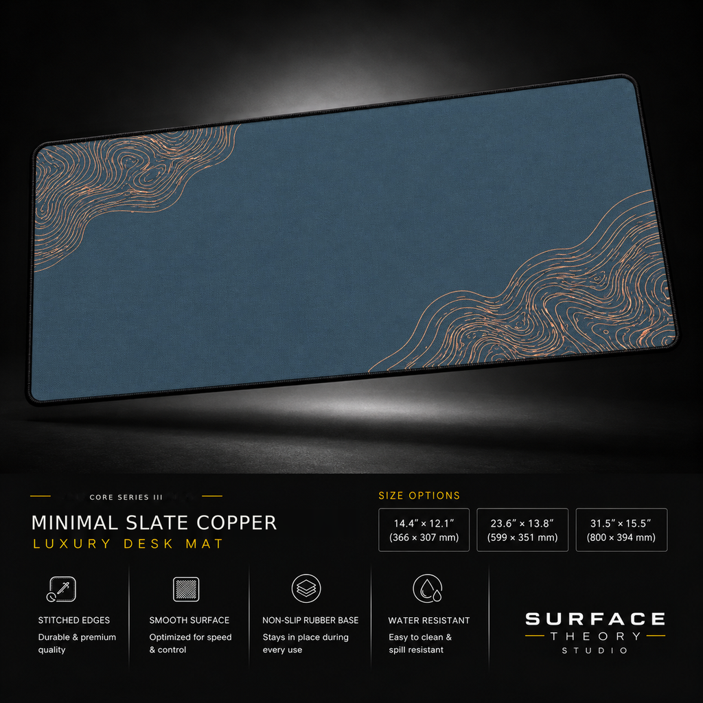 Minimal Slate Copper desk mat floating against a dark studio background.