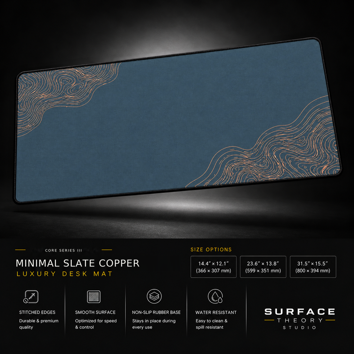 Minimal Slate Copper desk mat floating against a dark studio background.