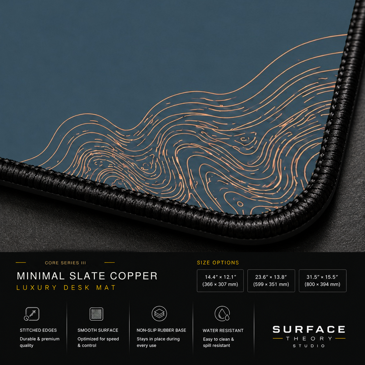 Close-up of Minimal Slate Copper printed artwork and black stitched corner.