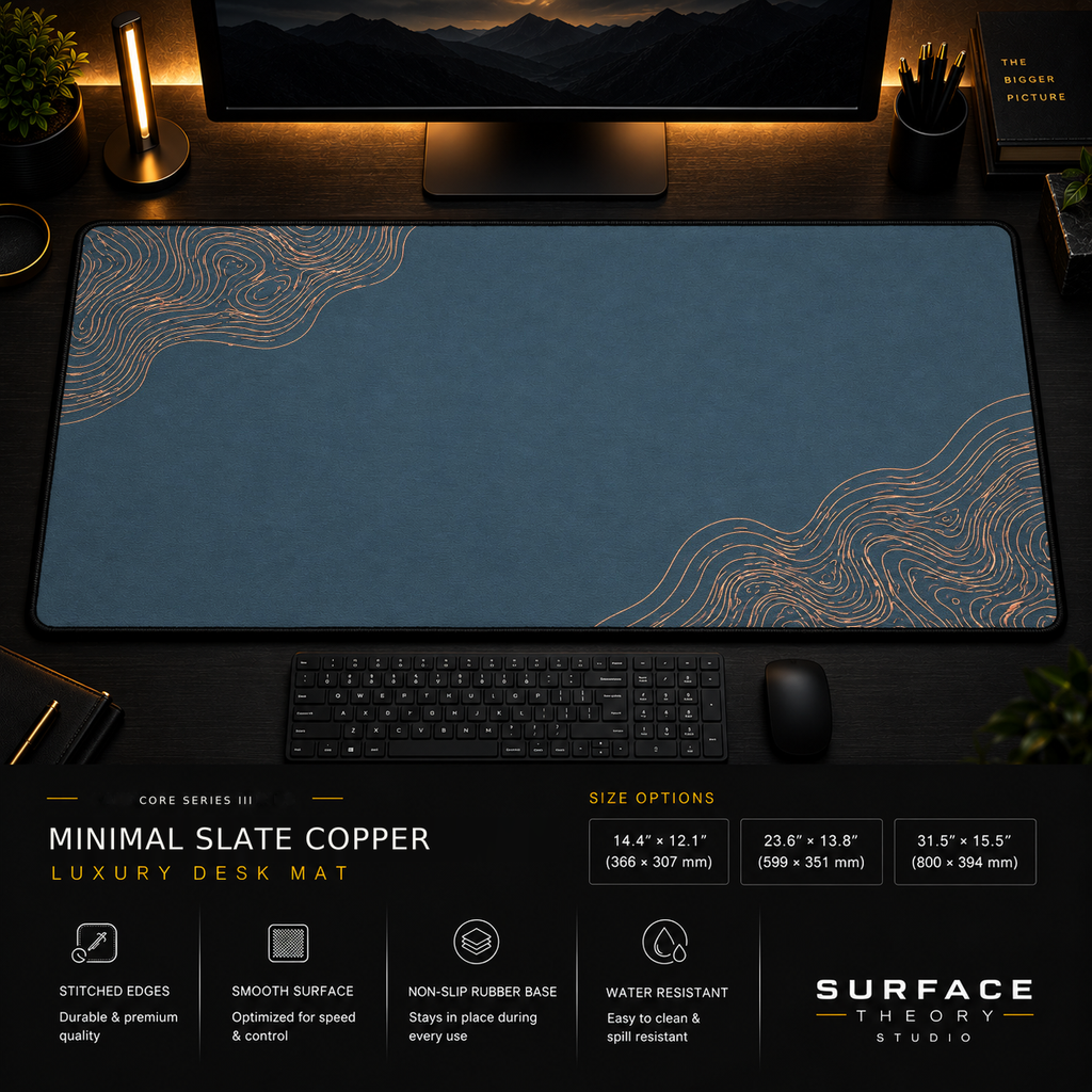 Minimal Slate Copper desk mat in a dark workstation with warm monitor lighting.