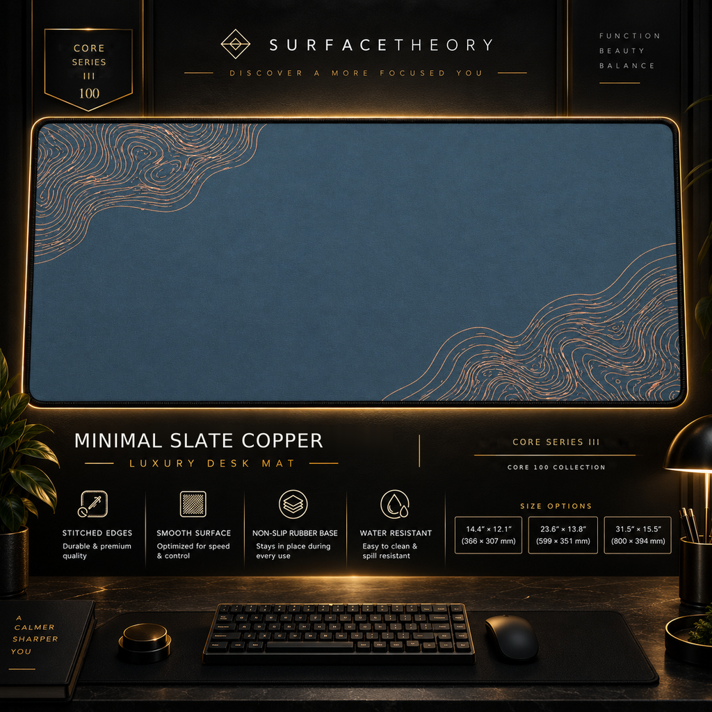 Minimal Slate Copper desk mat in a gold-toned showcase frame above a keyboard.