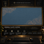 Minimal Slate Copper desk mat in a gold-toned showcase frame above a keyboard.