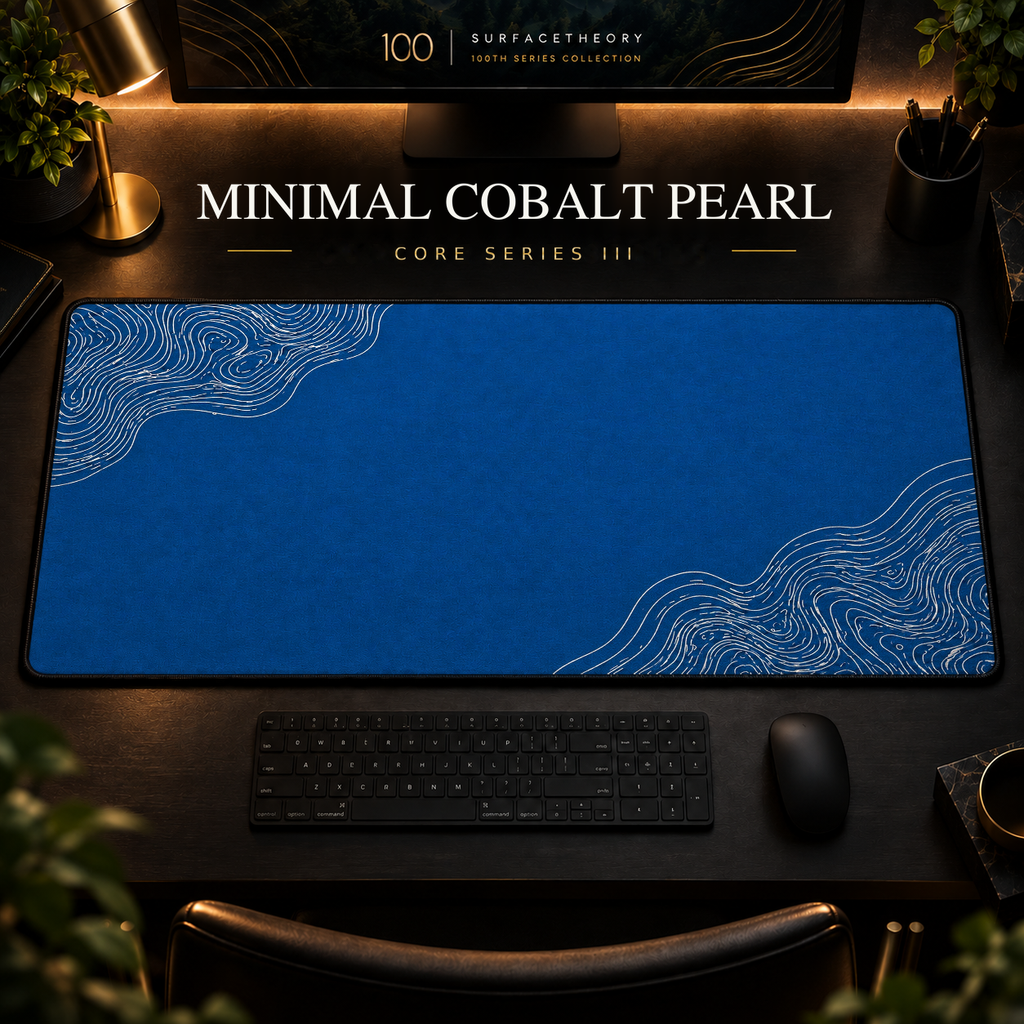 Minimal Cobalt Pearl desk mat with fine contours in opposing corners in a warm, dark workspace.