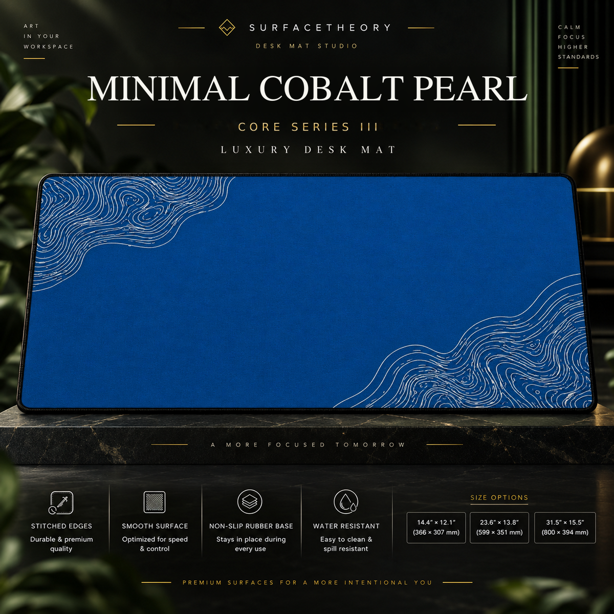 Minimal Cobalt Pearl desk mat on a studio display with size and product information.