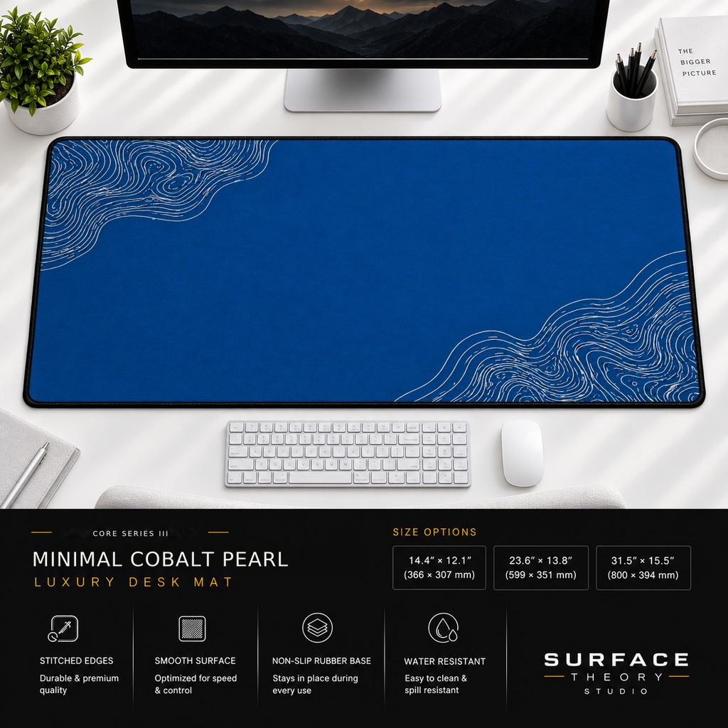 Minimal Cobalt Pearl desk mat beneath a monitor on a bright desk with a white keyboard and mouse.