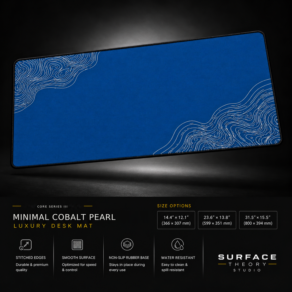 Minimal Cobalt Pearl desk mat floating against a dark studio background.