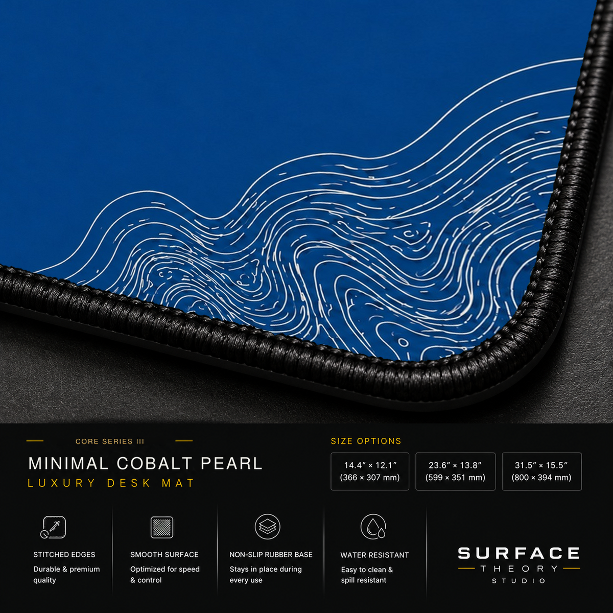 Close-up of Minimal Cobalt Pearl printed artwork and black stitched corner.