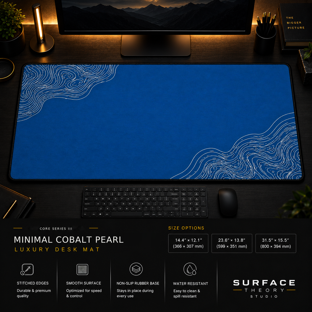 Minimal Cobalt Pearl desk mat in a dark workstation with warm monitor lighting.