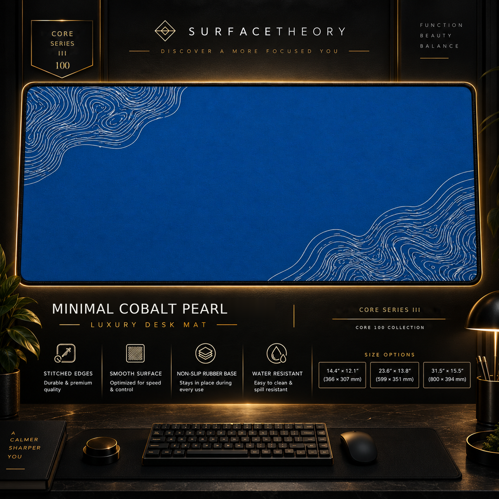 Minimal Cobalt Pearl desk mat in a gold-toned showcase frame above a keyboard.