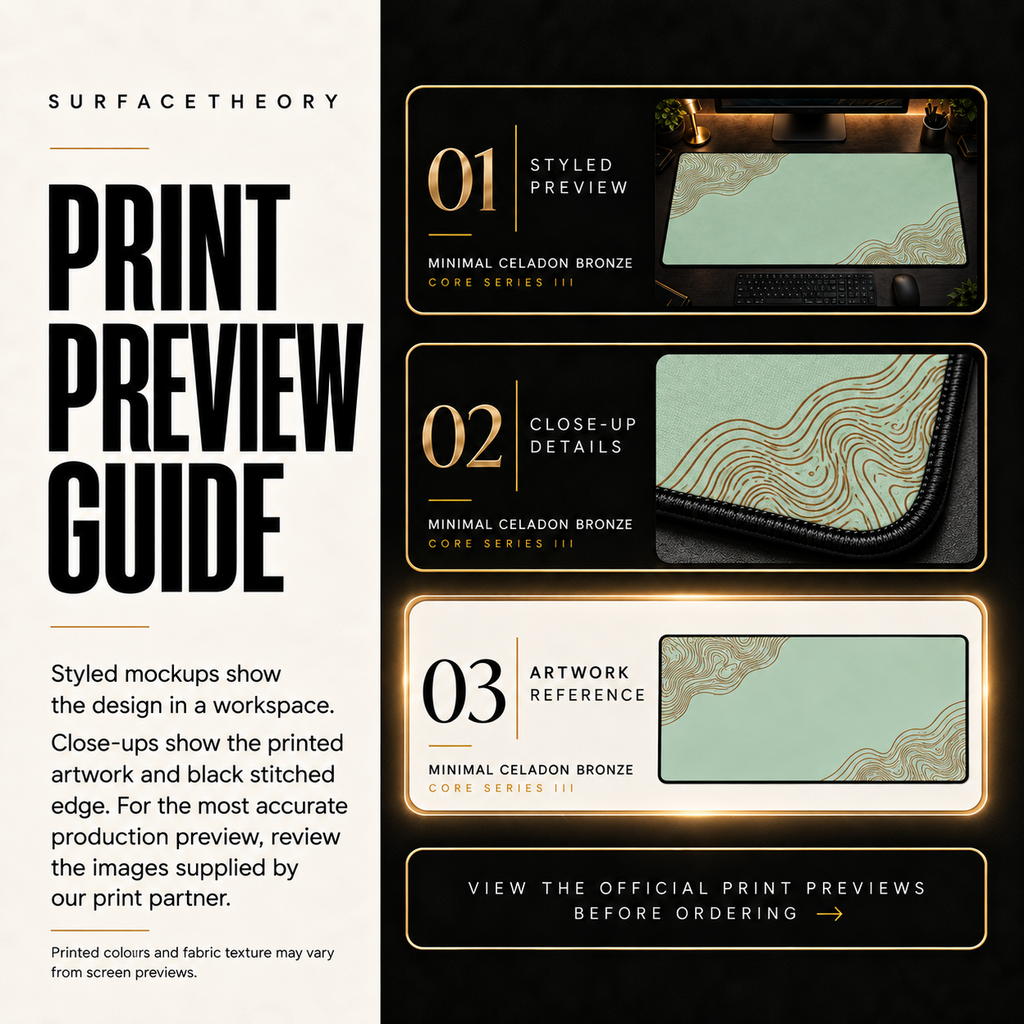 Minimal Celadon Bronze print preview guide comparing styled presentation, close-up and print reference.