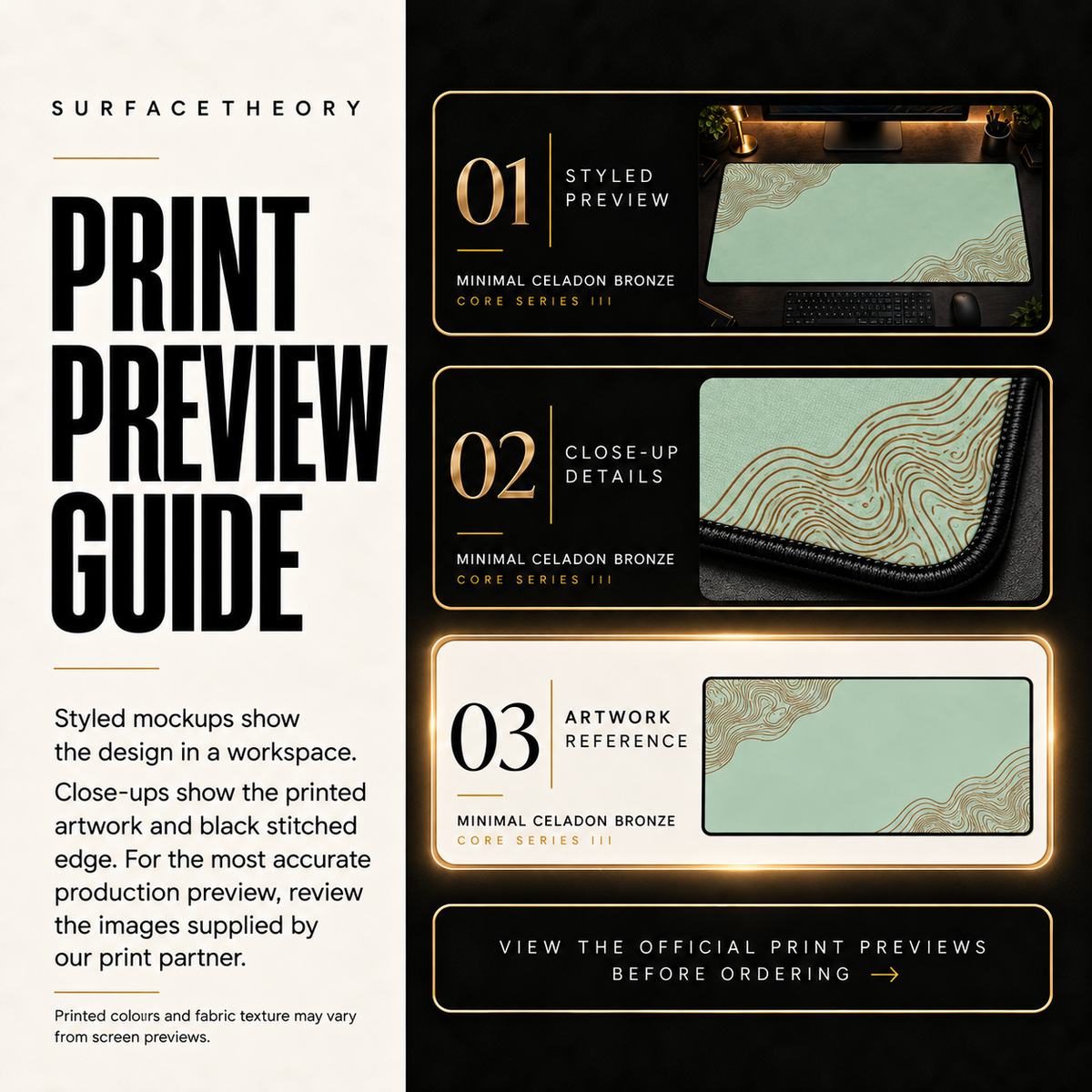 Minimal Celadon Bronze print preview guide comparing styled presentation, close-up and print reference.