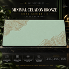 Minimal Celadon Bronze desk mat on a studio display with size and product information.