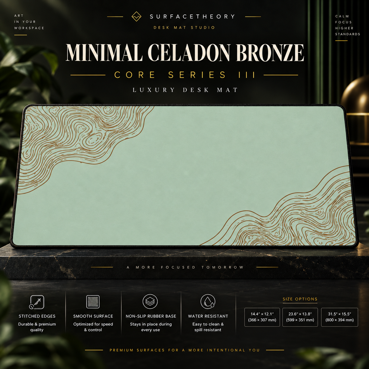 Minimal Celadon Bronze desk mat on a studio display with size and product information.