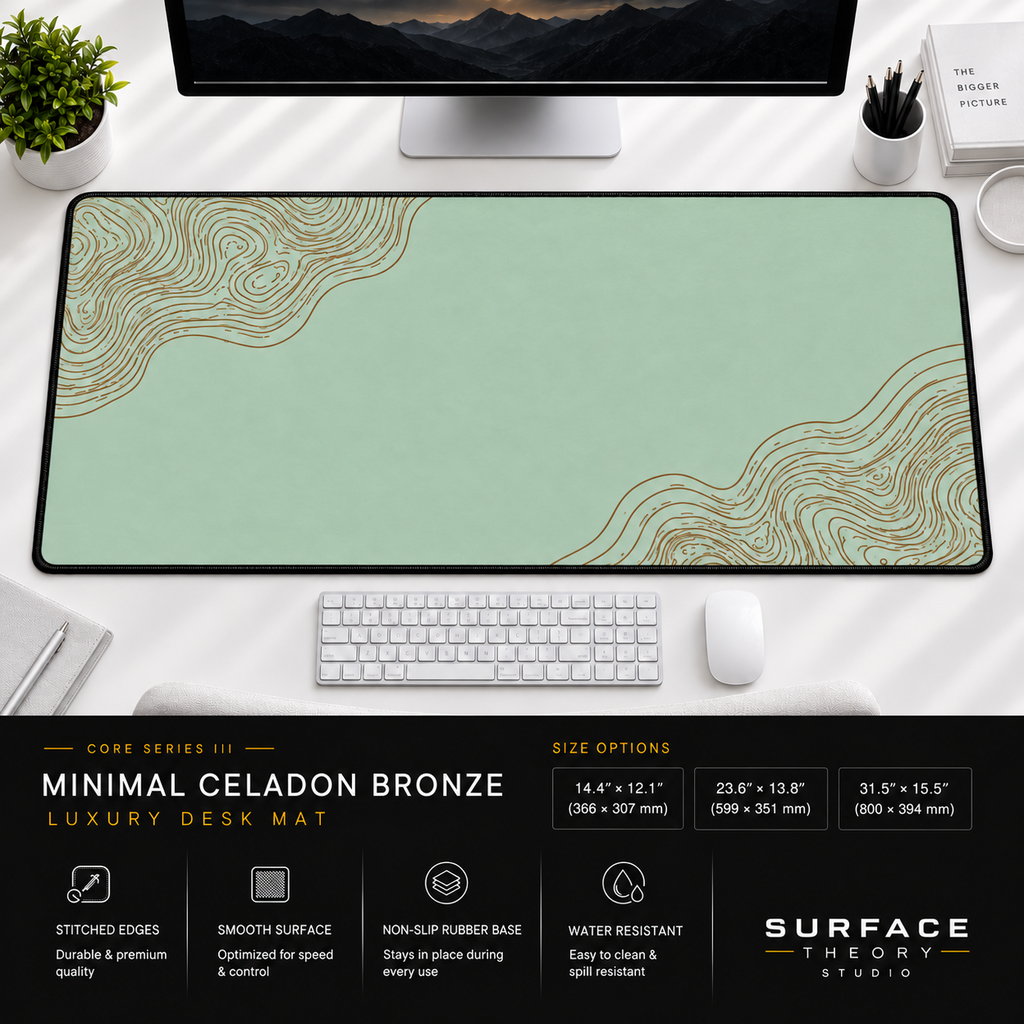 Minimal Celadon Bronze desk mat beneath a monitor on a bright desk with a white keyboard and mouse.