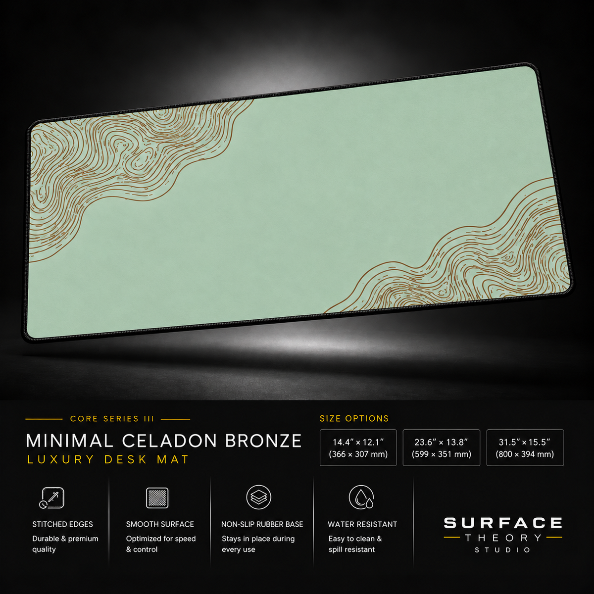 Minimal Celadon Bronze desk mat floating against a dark studio background.