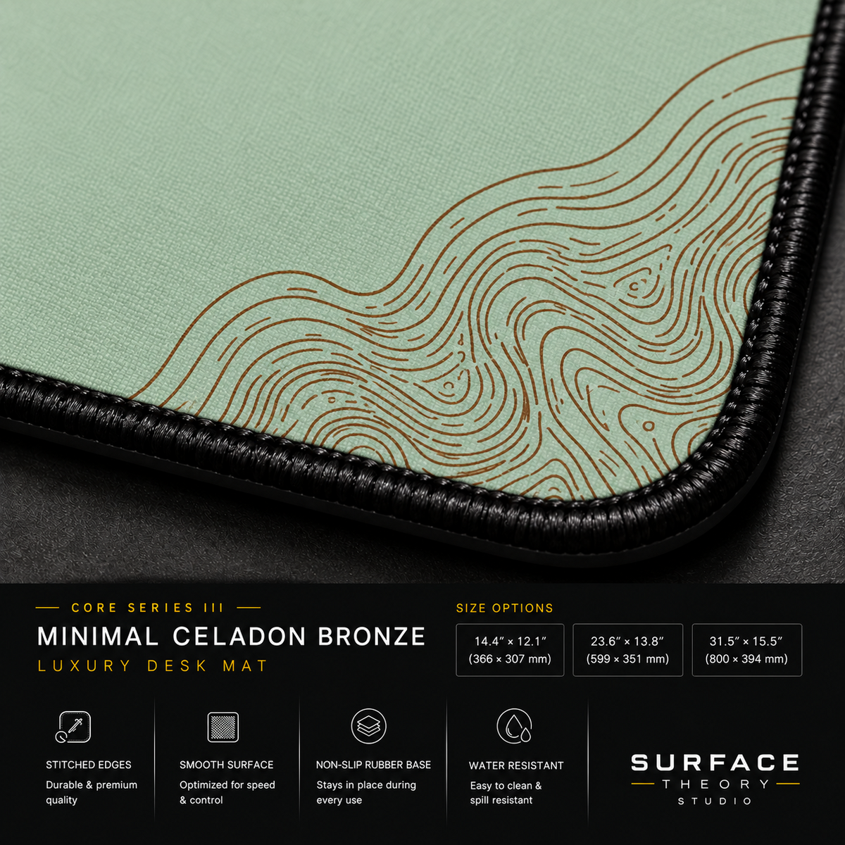 Close-up of Minimal Celadon Bronze printed artwork and black stitched corner.