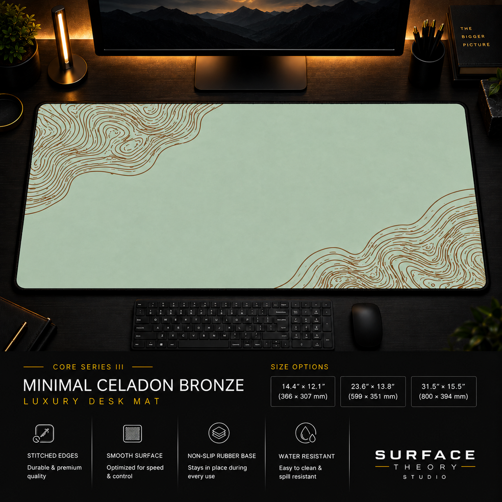 Minimal Celadon Bronze desk mat in a dark workstation with warm monitor lighting.