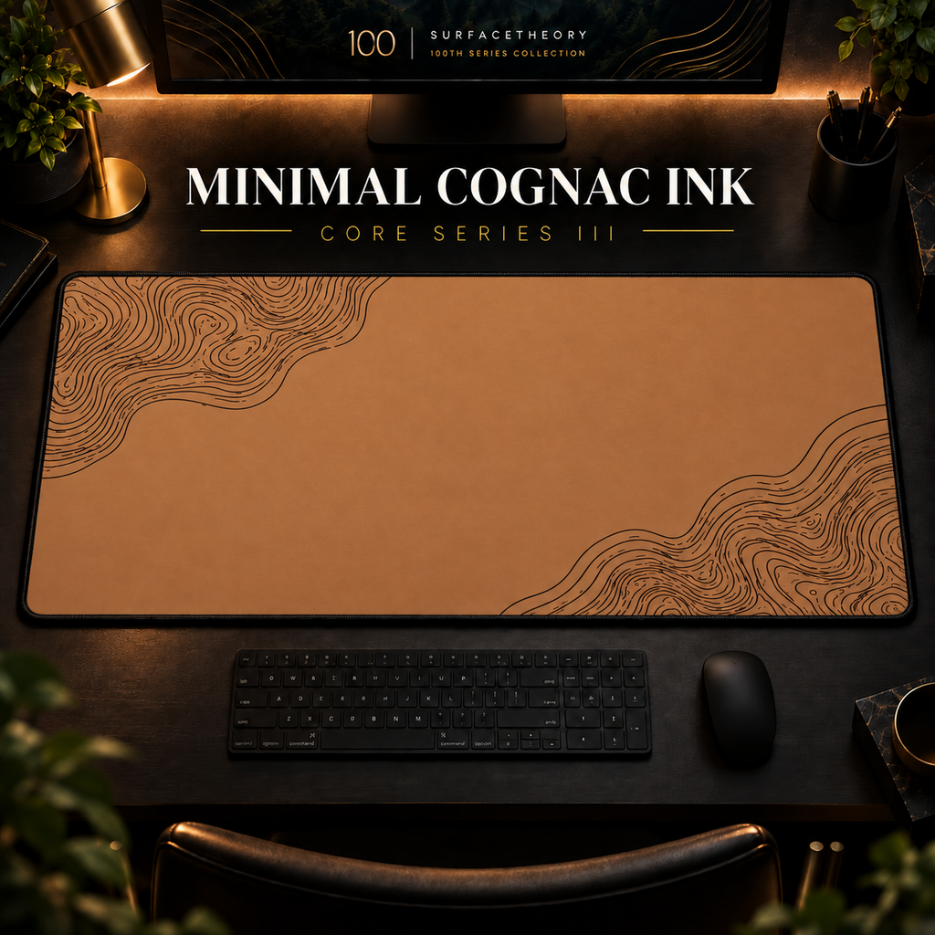 Minimal Cognac Ink desk mat with fine contours in opposing corners in a warm, dark workspace.
