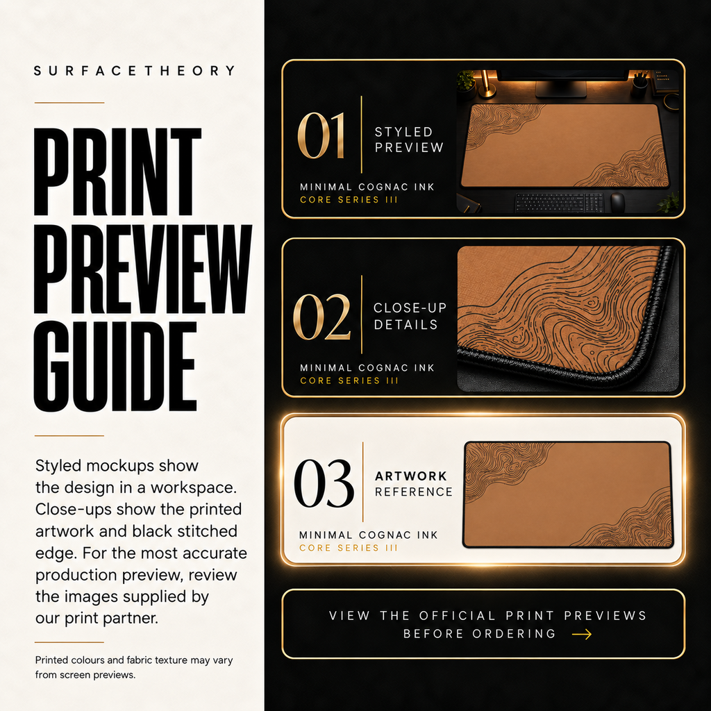 Minimal Cognac Ink print preview guide comparing styled presentation, close-up and print reference.