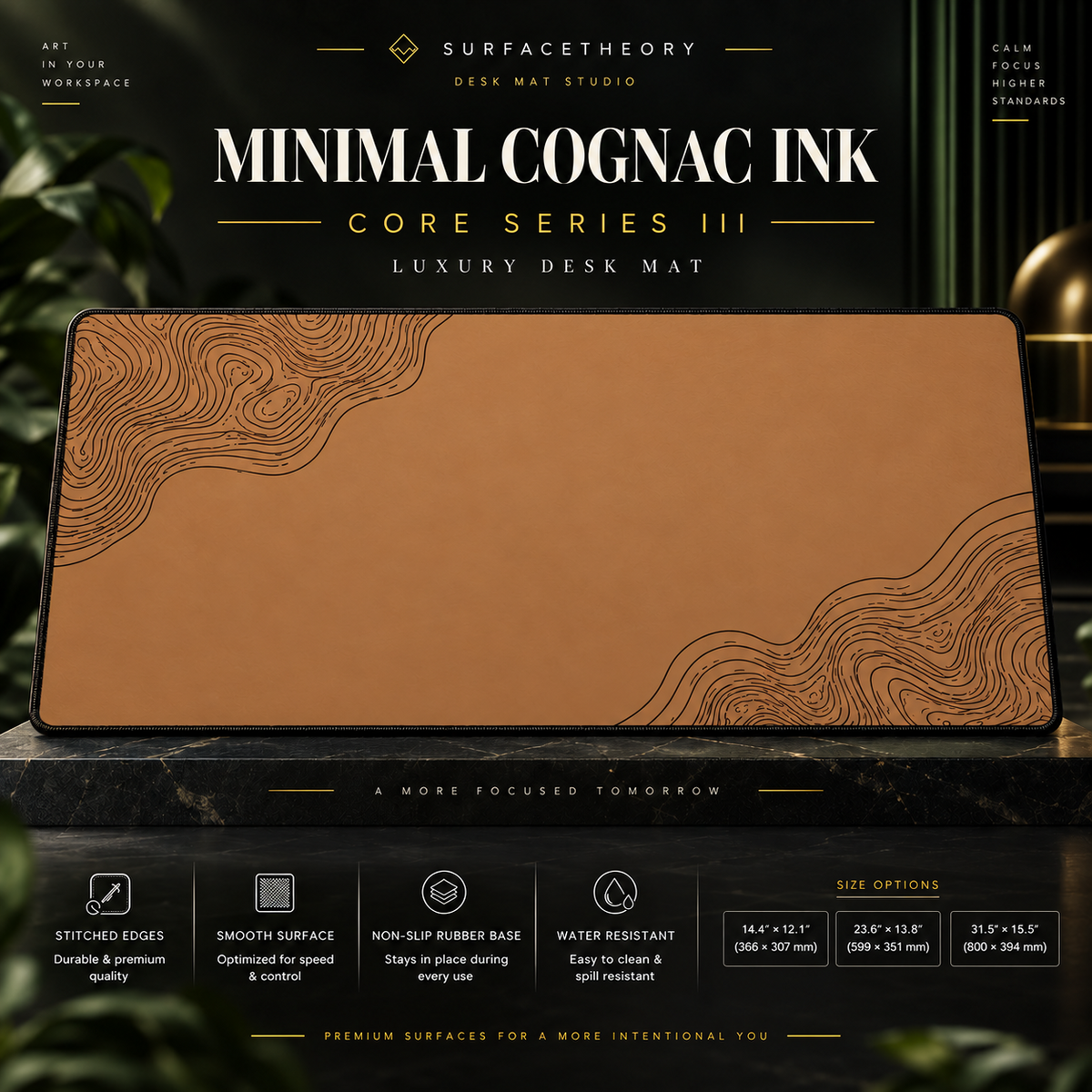 Minimal Cognac Ink desk mat on a studio display with size and product information.