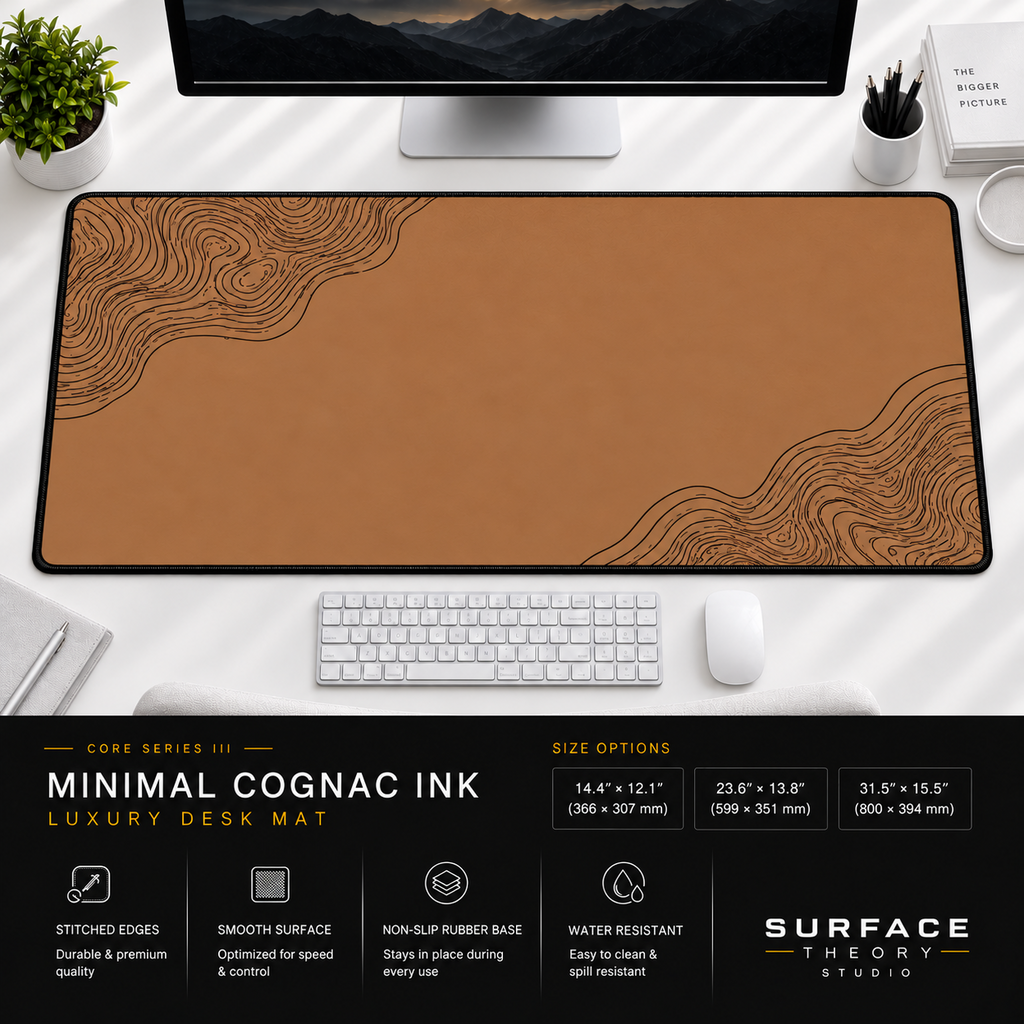 Minimal Cognac Ink desk mat beneath a monitor on a bright desk with a white keyboard and mouse.
