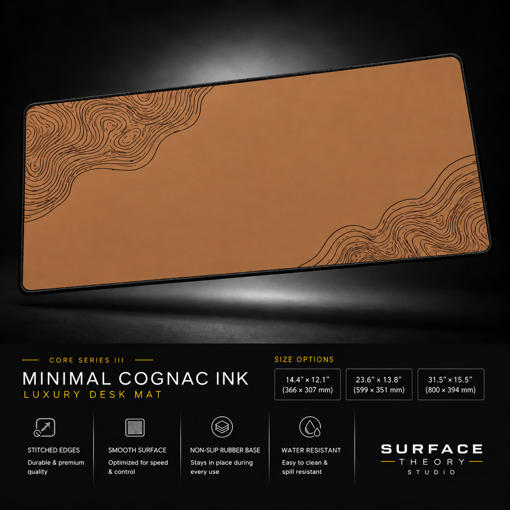 Minimal Cognac Ink desk mat floating against a dark studio background.