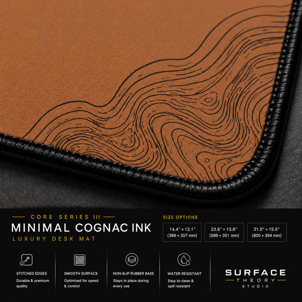 Close-up of Minimal Cognac Ink printed artwork and black stitched corner.
