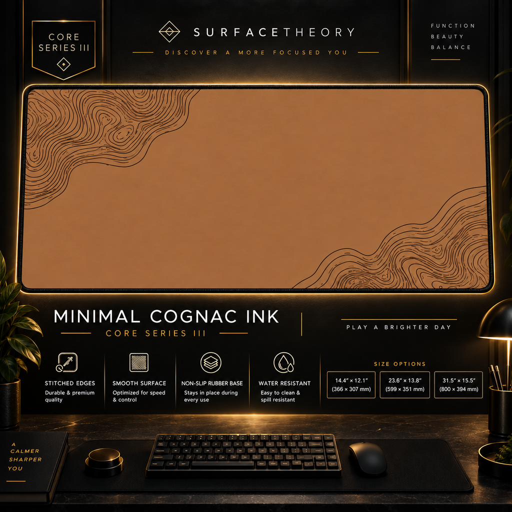 Minimal Cognac Ink desk mat in a gold-toned showcase frame above a keyboard.