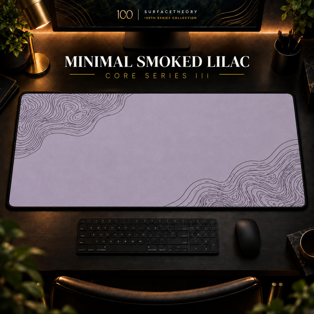 Minimal Smoked Lilac desk mat with fine contours in opposing corners in a warm, dark workspace.