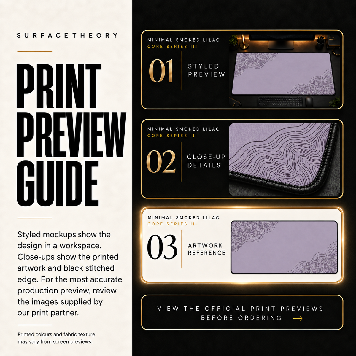 Minimal Smoked Lilac print preview guide comparing styled presentation, close-up and print reference.