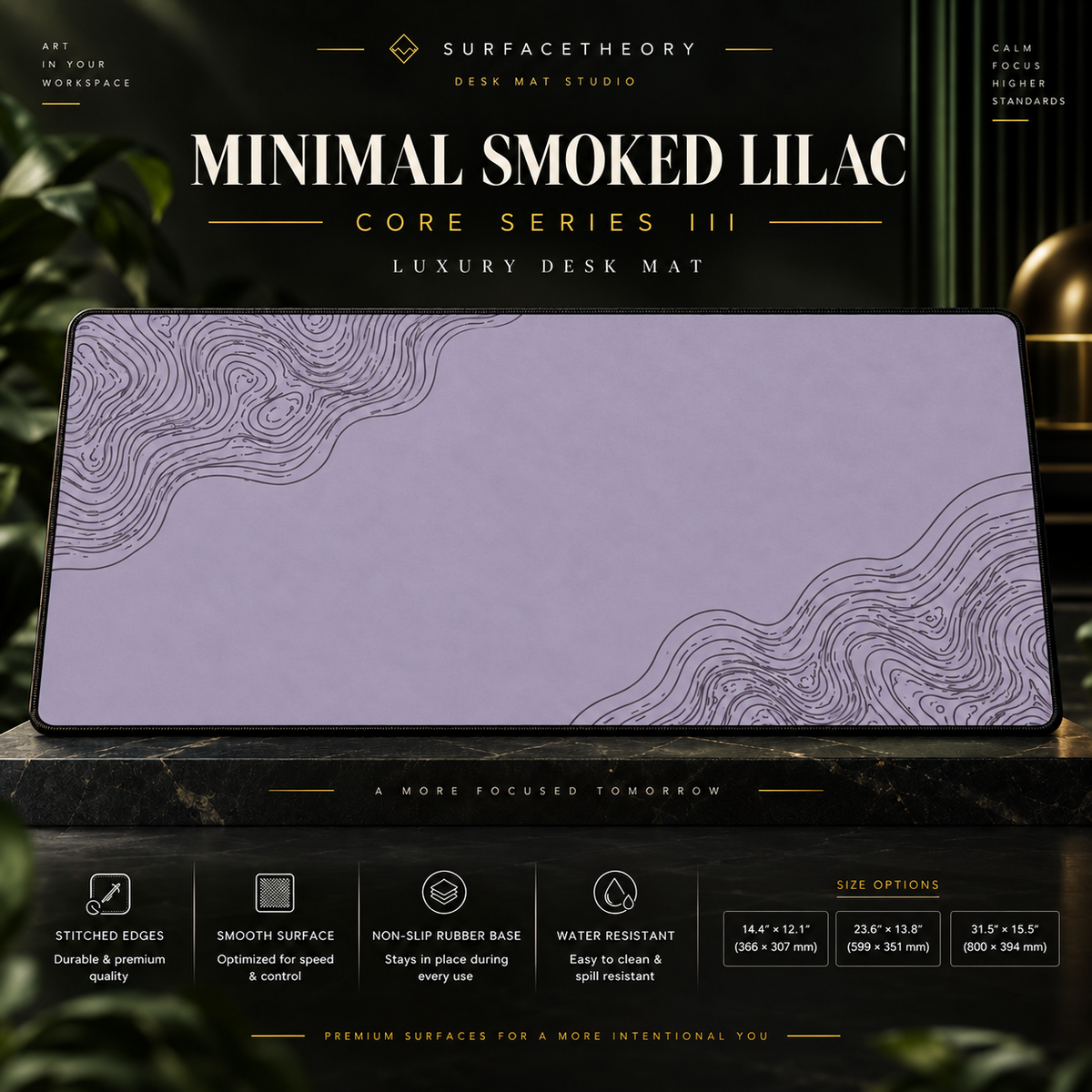 Minimal Smoked Lilac desk mat on a studio display with size and product information.