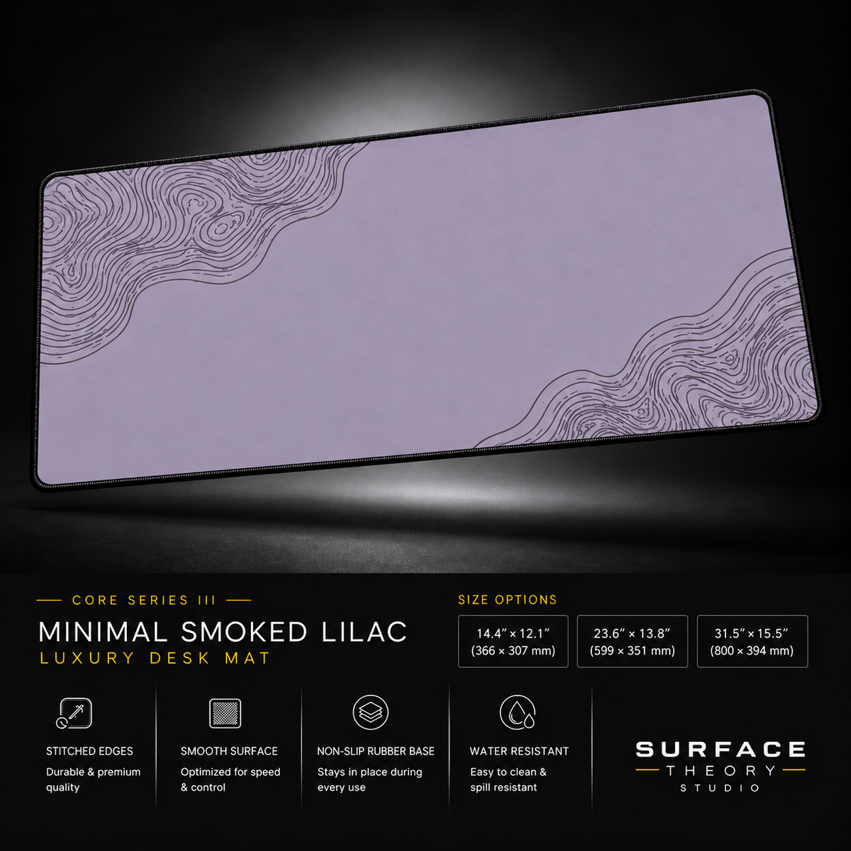 Minimal Smoked Lilac desk mat floating against a dark studio background.