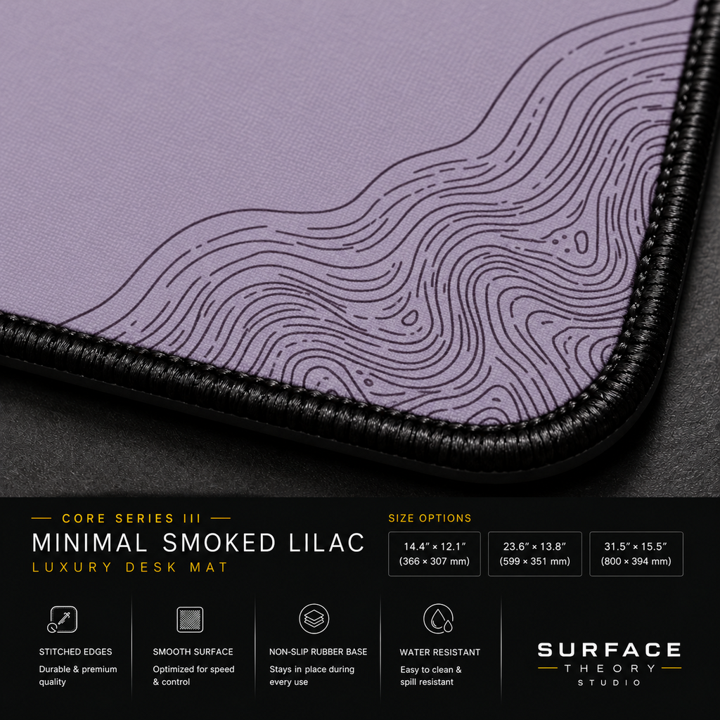 Close-up of Minimal Smoked Lilac printed artwork and black stitched corner.