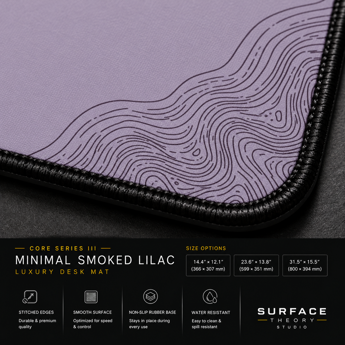 Close-up of Minimal Smoked Lilac printed artwork and black stitched corner.